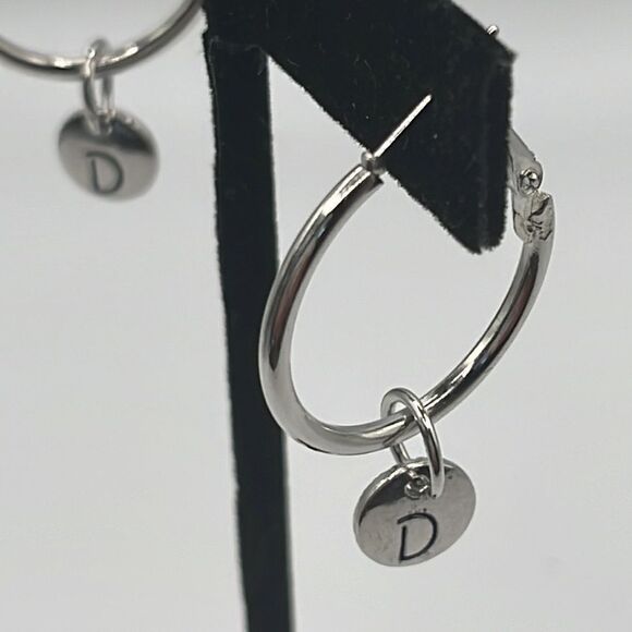 Choice of Silver-tone 1-in Hoops with Dangling Initial Charm (A-Z) - Picture 2 of 11